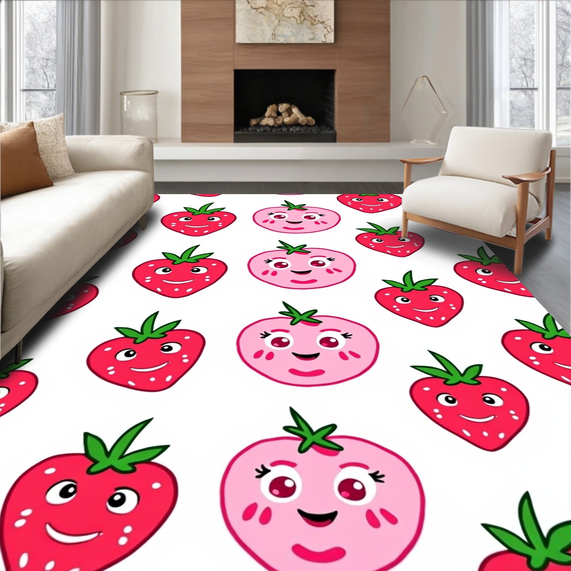 Cartoon Red Strawberry Pink Tomato Pattern Rug