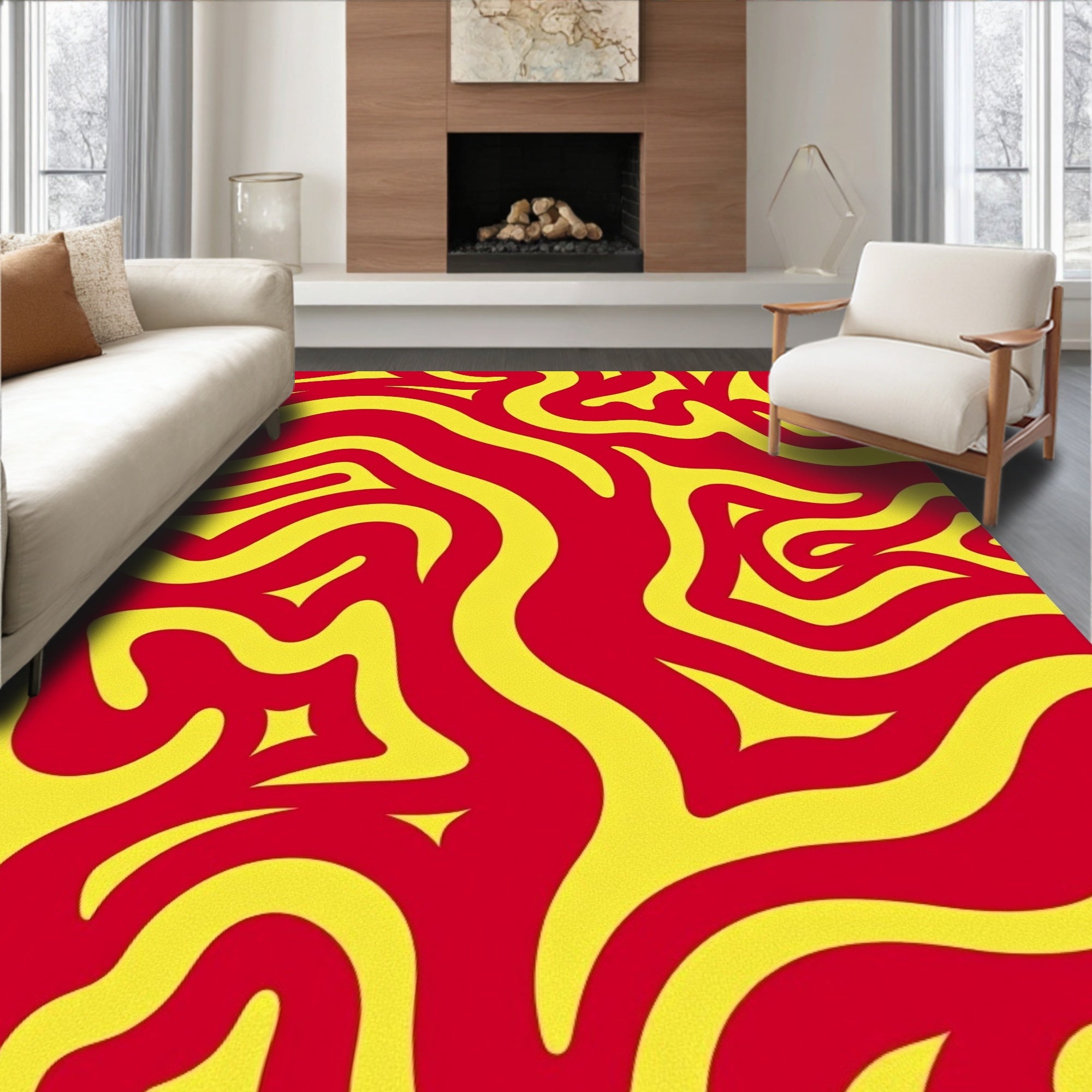 Crimson Yellow Flowing Abstract Rug