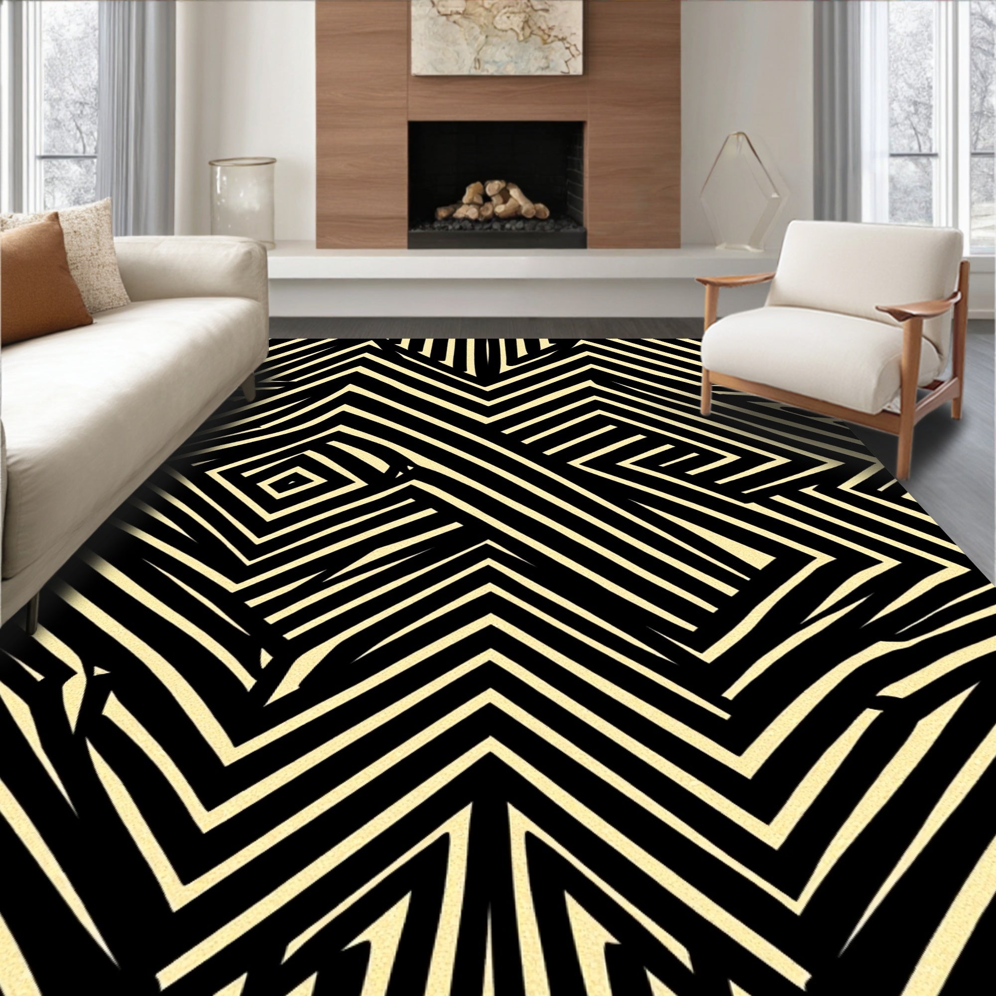 Black Cream Geometric Illusion Rug