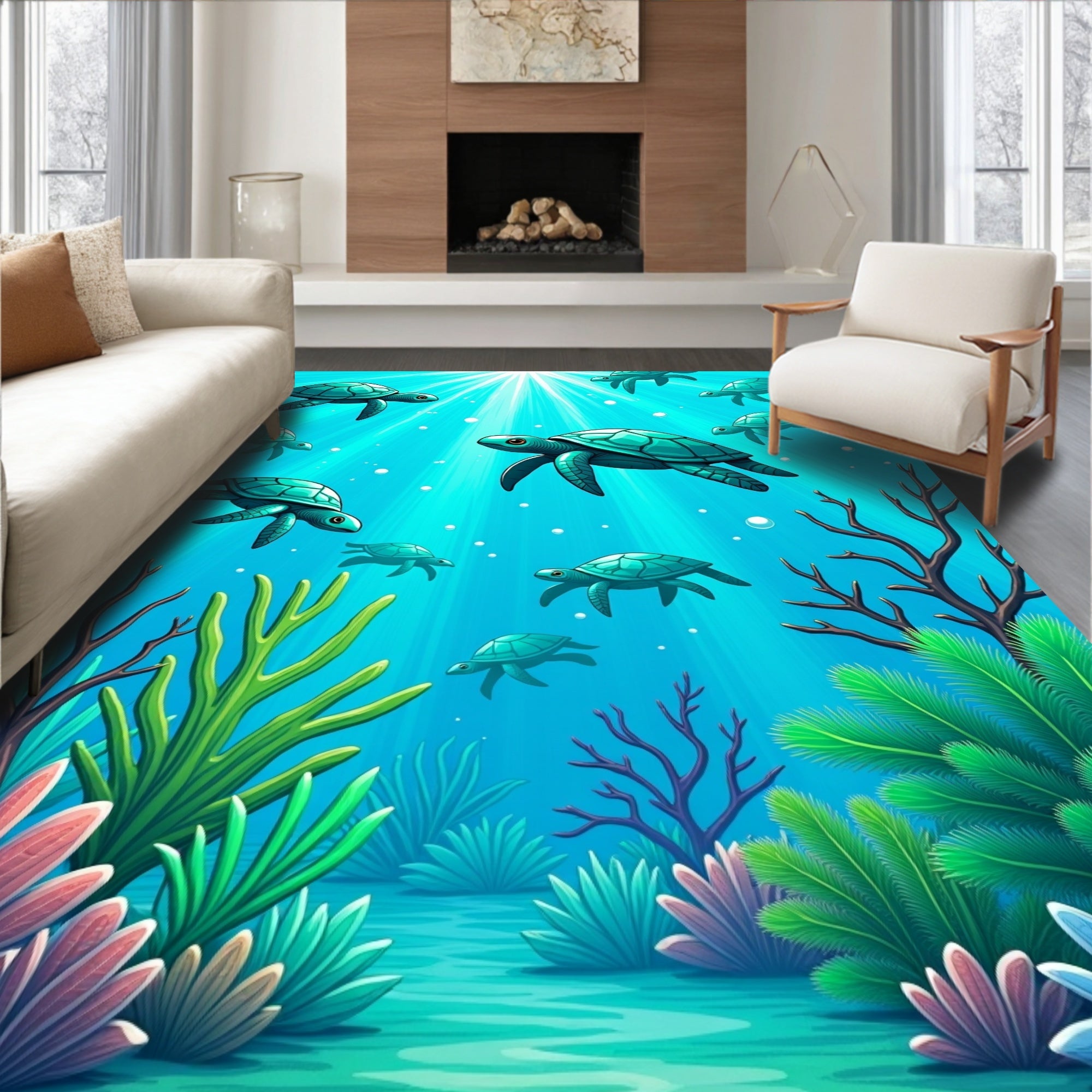 Oceanic Turquoise Sea Turtle Swirl Rug