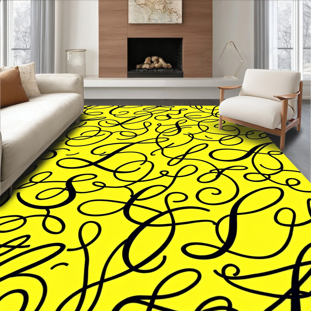 Bold Black Script Yellow Background Rug