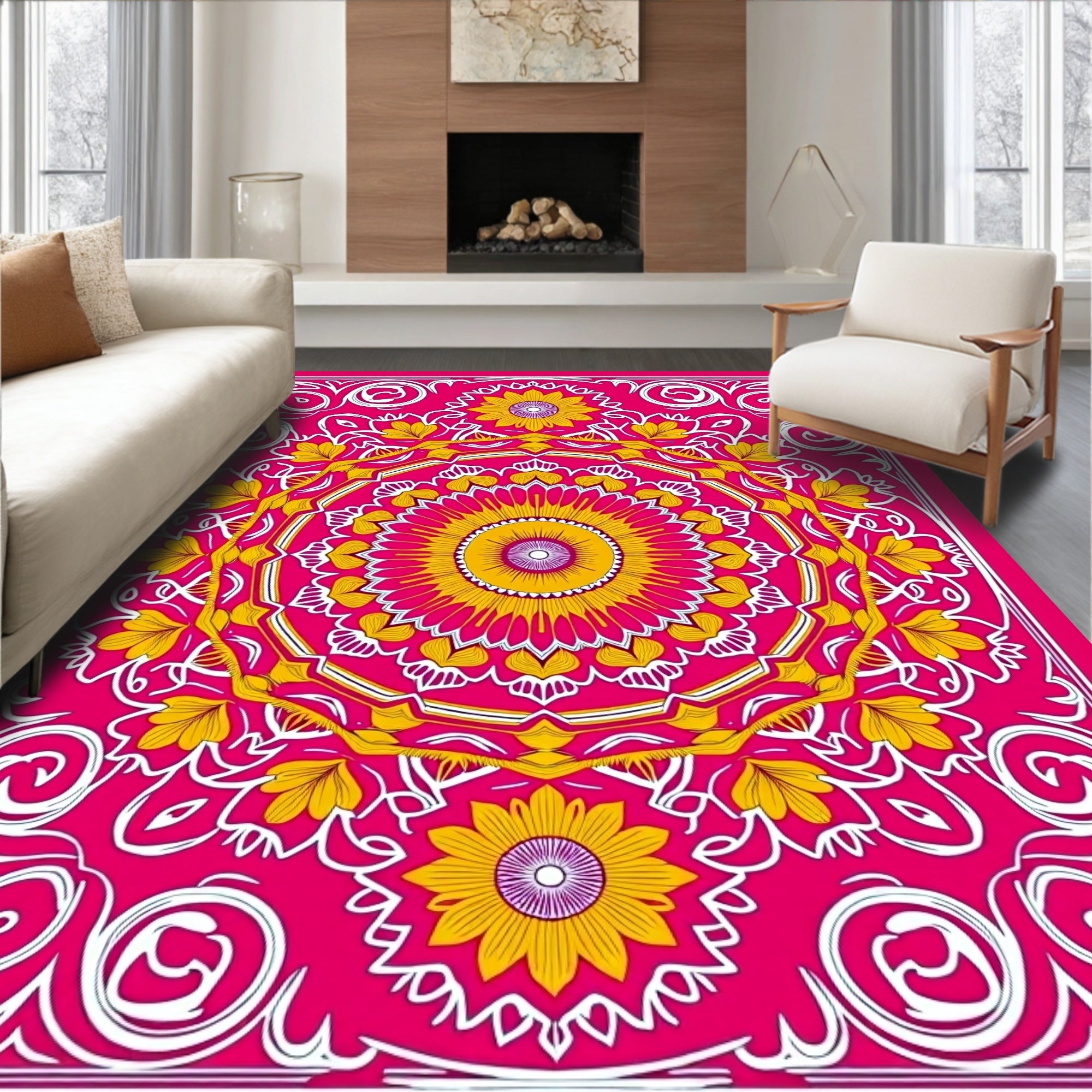 Vibrant Pink Gold Floral Medallion Rug