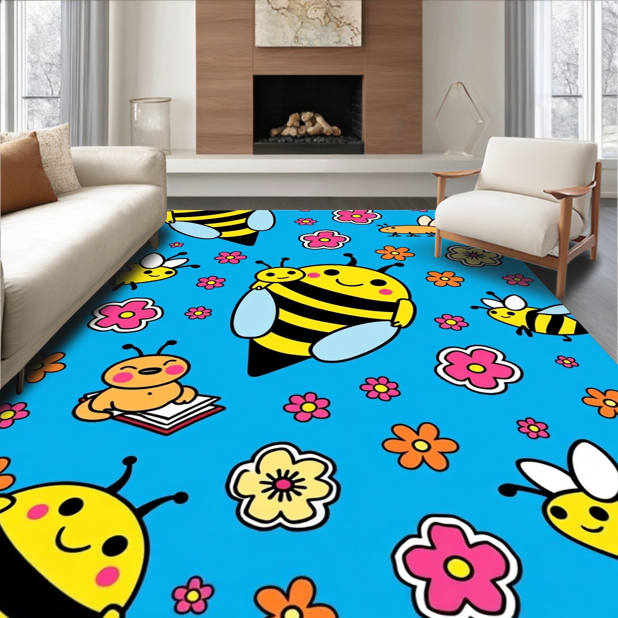 Cute Yellow Bees With Flowers Rug