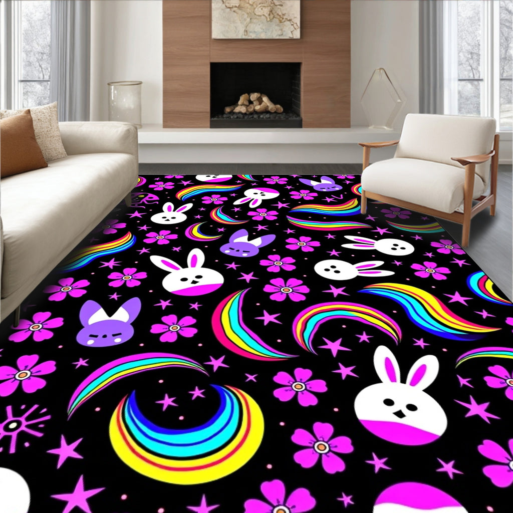 Vibrant Rainbow Bunny Stars Night Rug