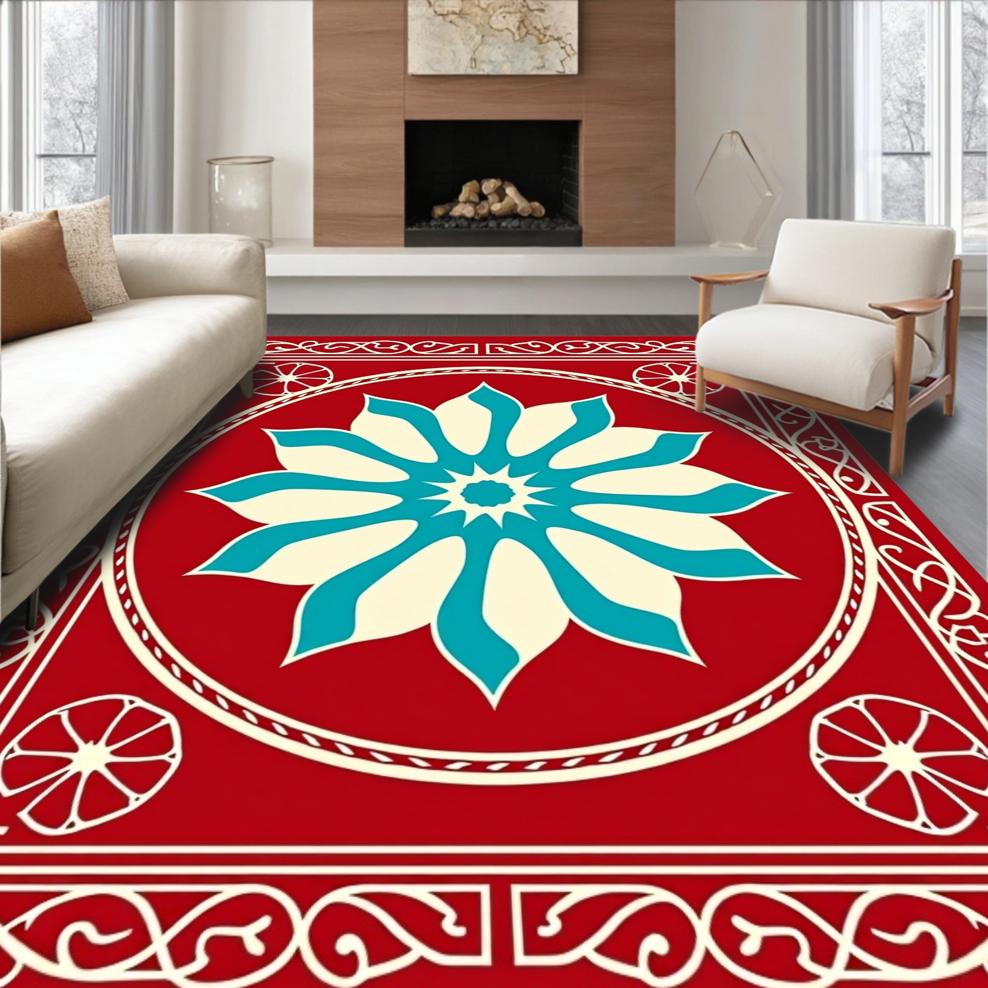 Crimson Flower Ivory Teal Accents Rug