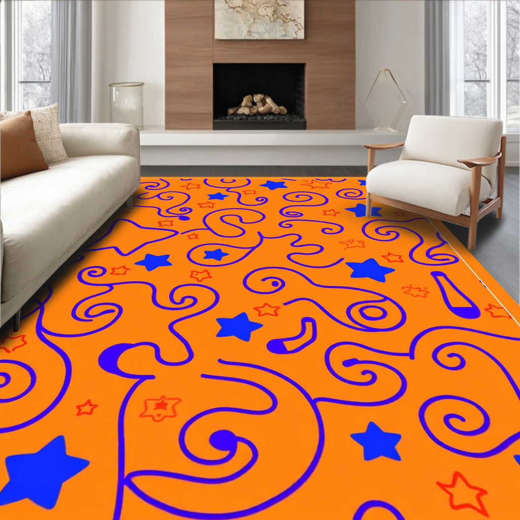 Orange Blue Stars Swirls Whimsical Rug