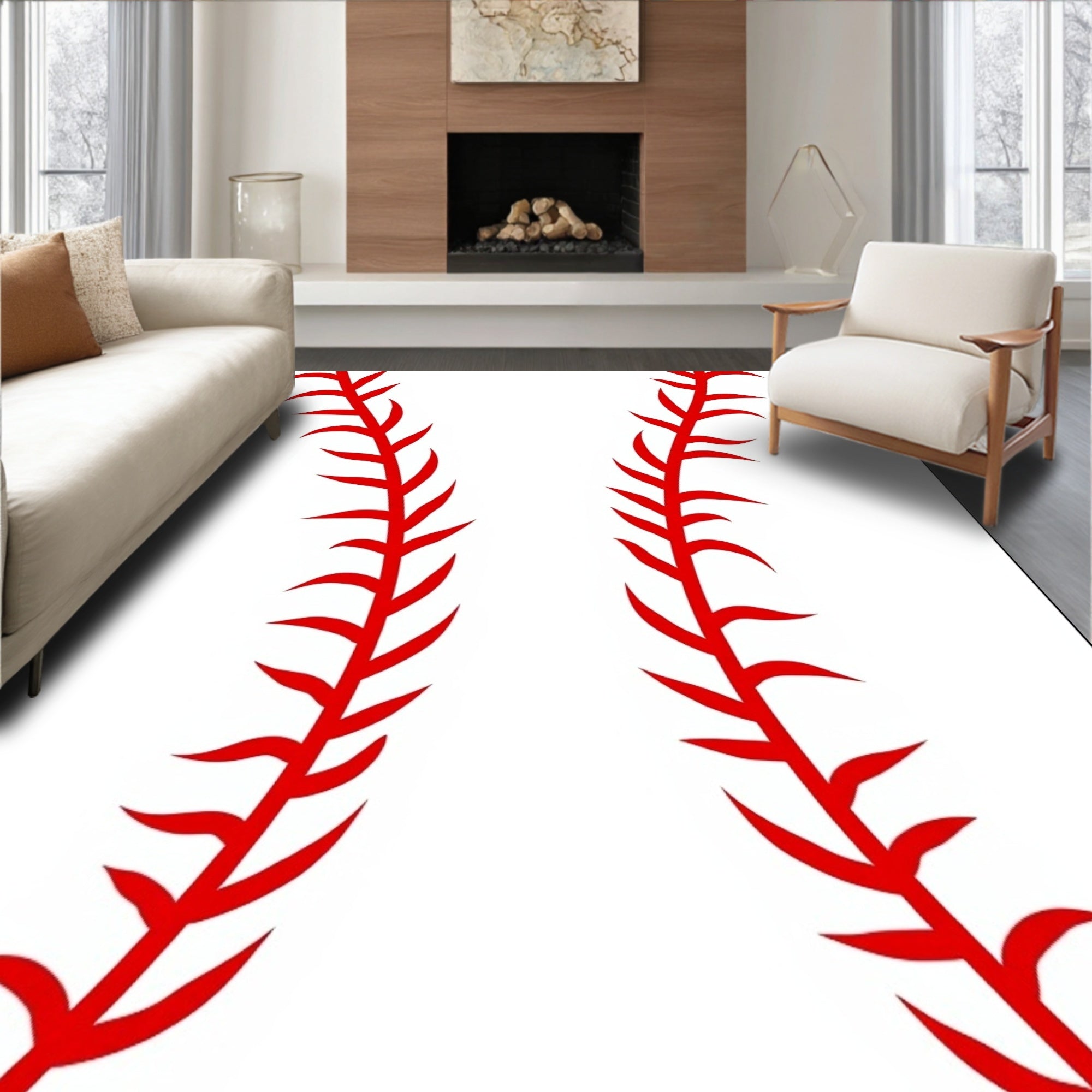 Red Stitch Baseball Ball Rug