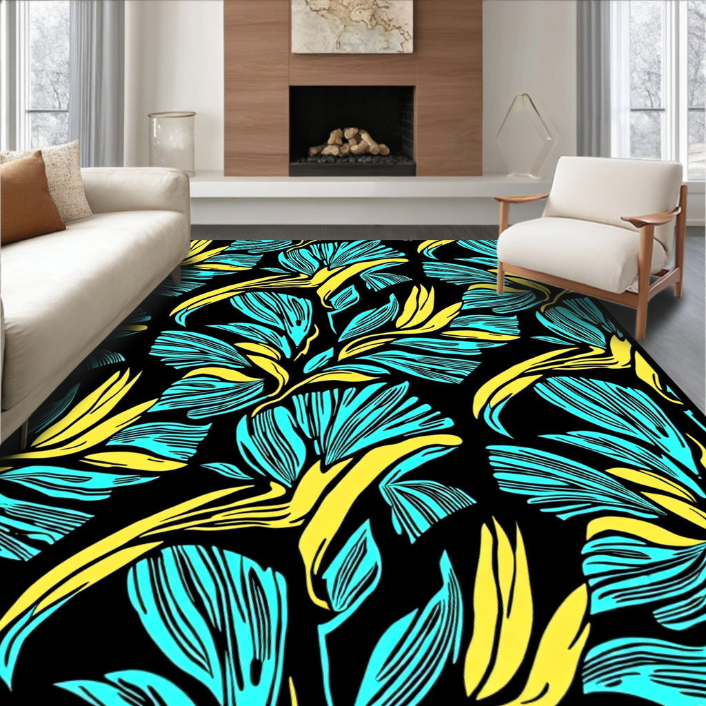Bold Teal Yellow Tropical Leaves Rug