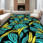 Bold Teal Yellow Tropical Leaves Rug