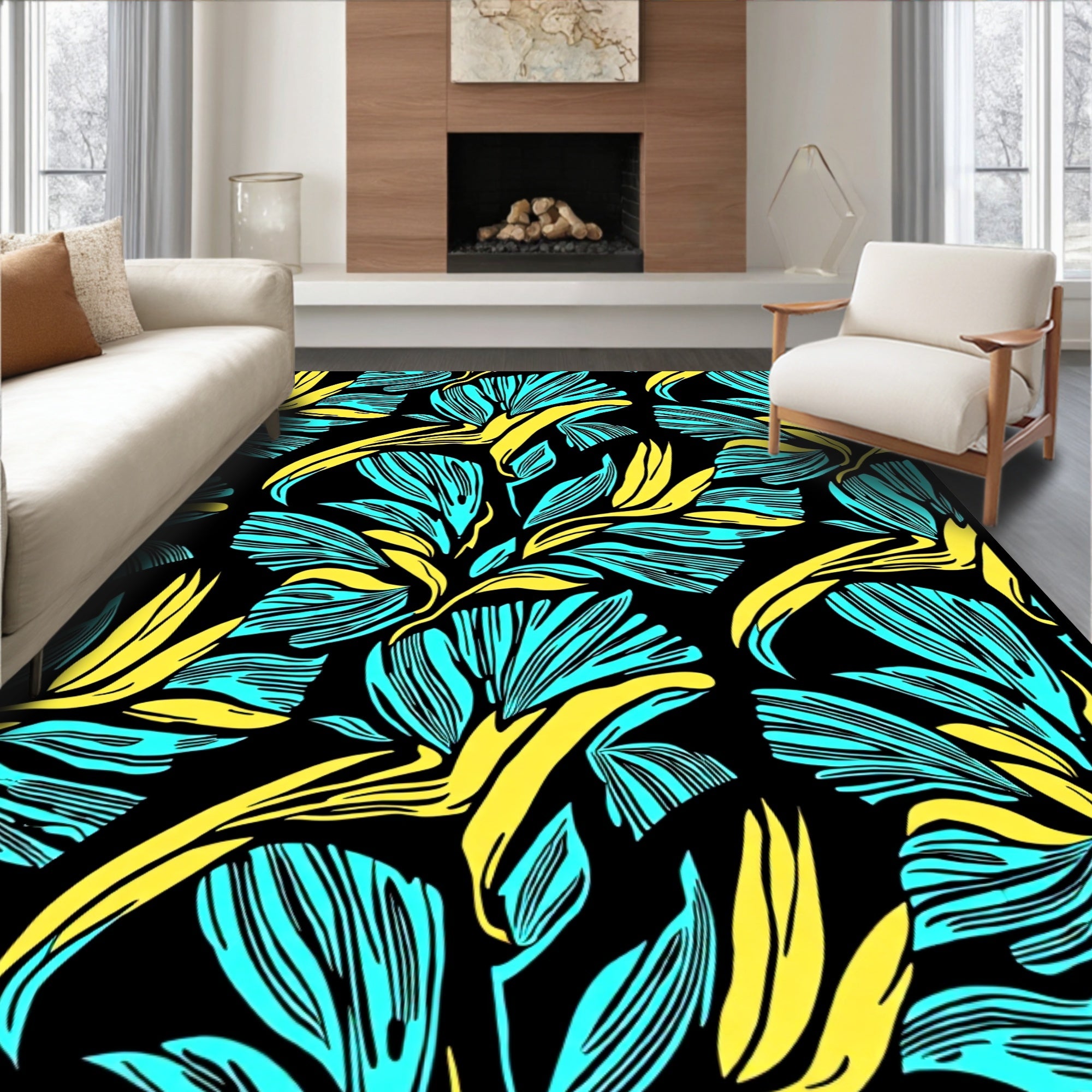 Bold Teal Yellow Tropical Leaves Rug