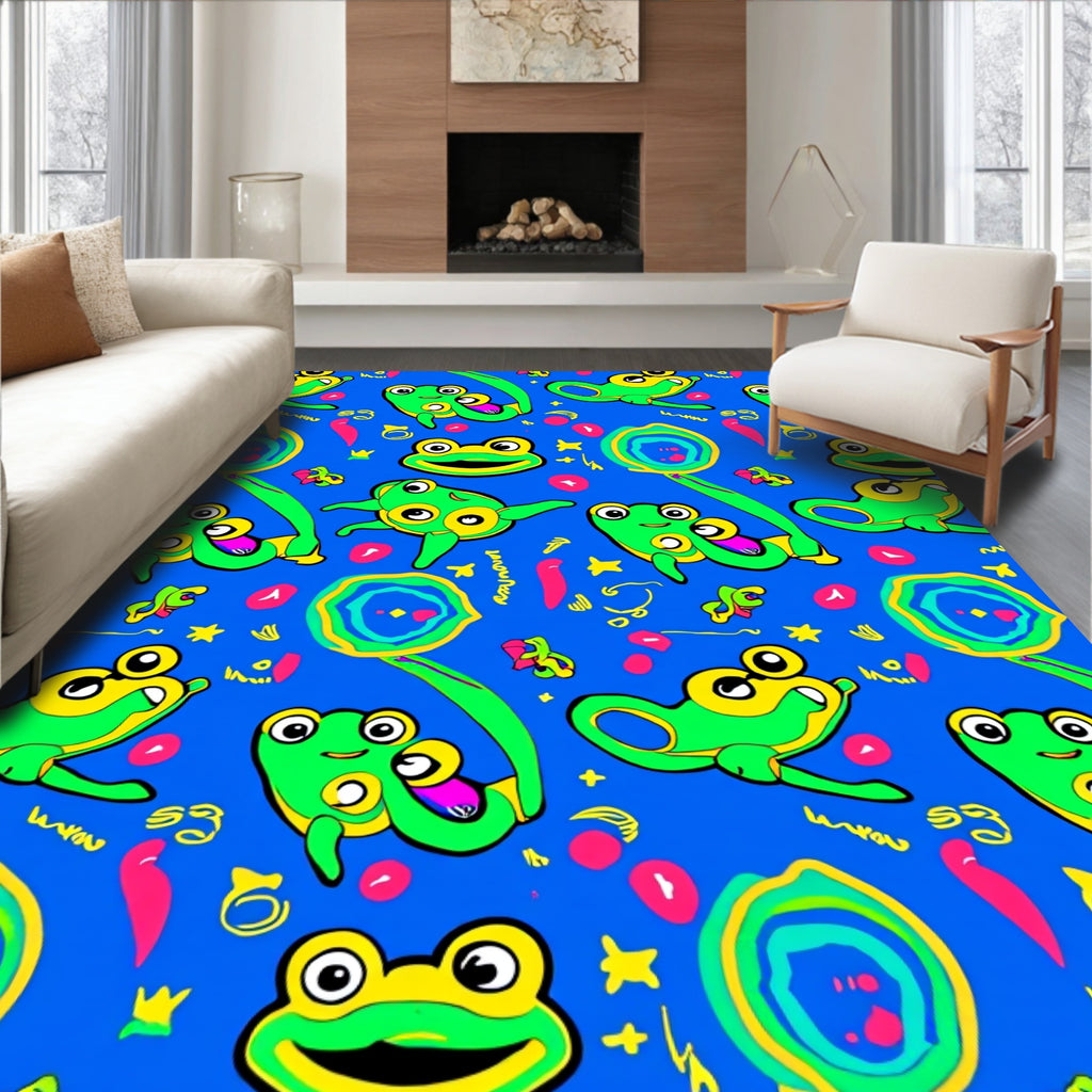 Playful Green Frogs Scattered Blue Background Rug