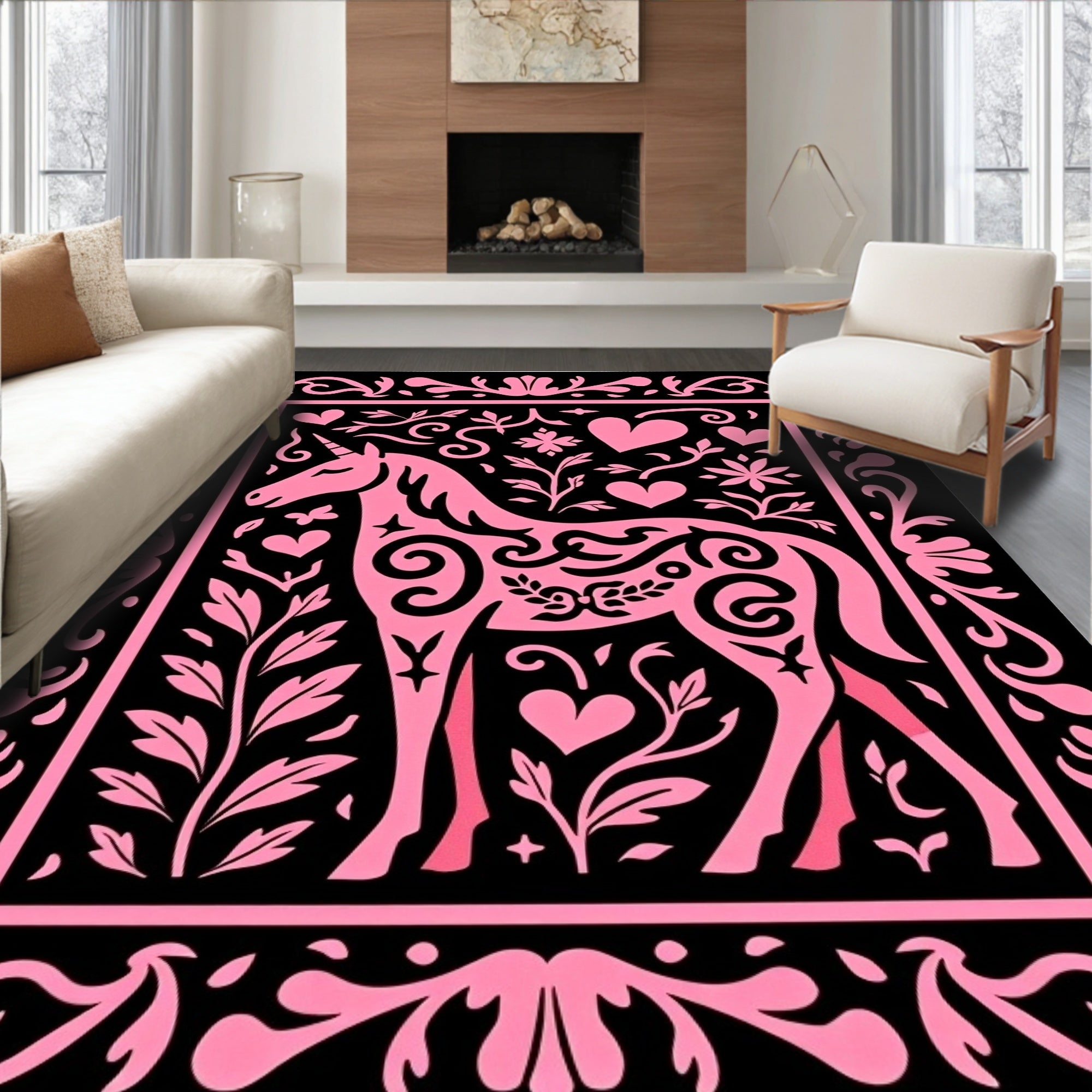 Pink Unicorn Hearts Floral Border Rug