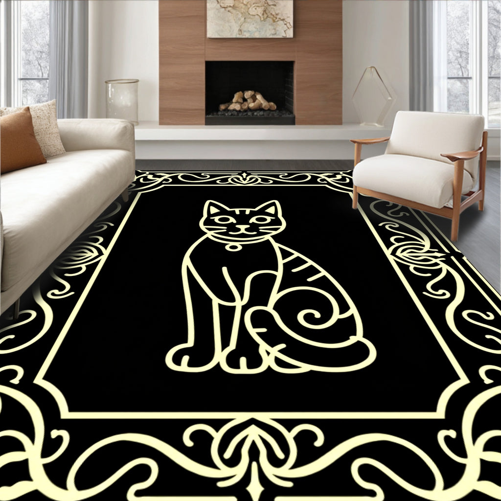 Elegant Black Cream Feline Frame Rug