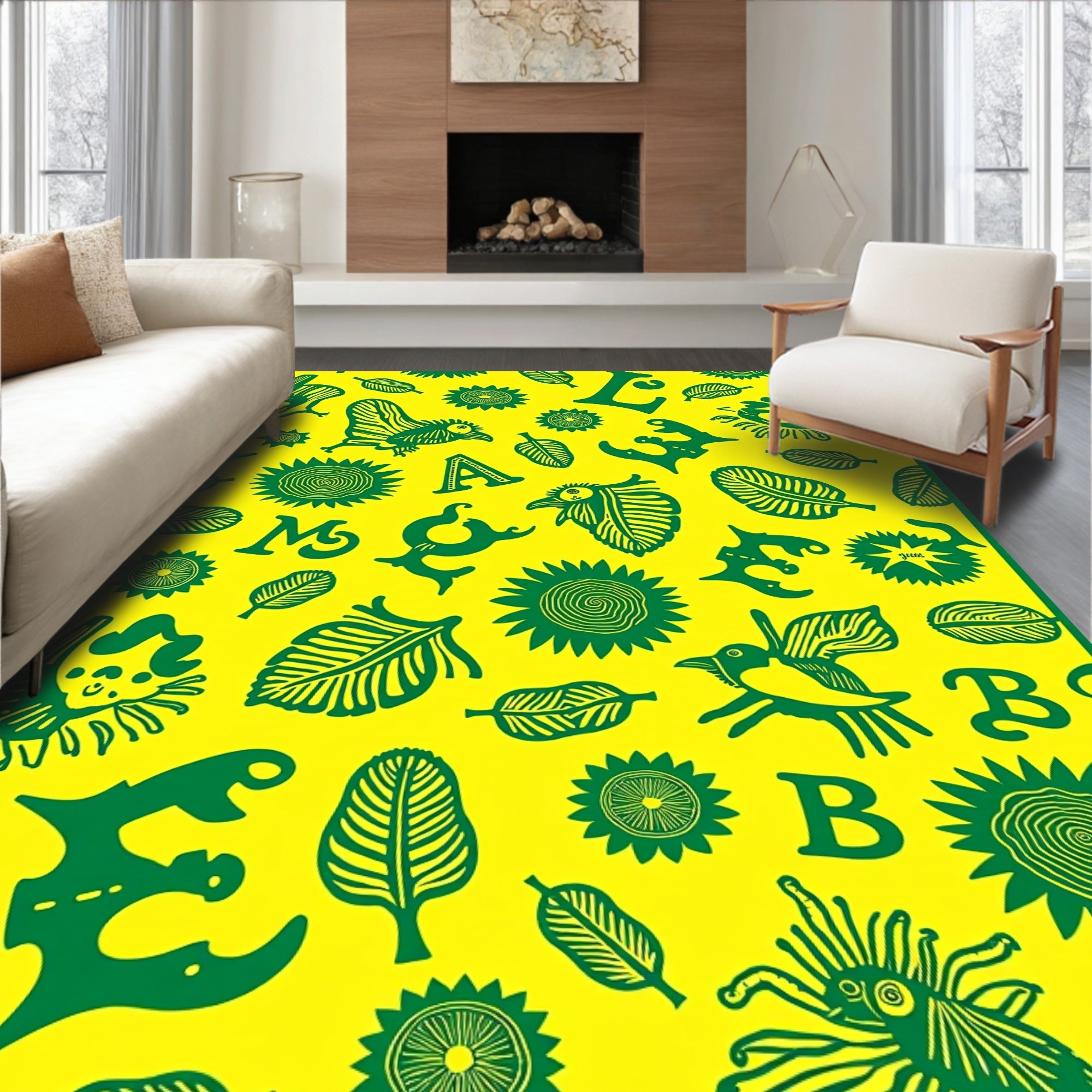 Whimsical Green Animals and Letters Yellow Rug