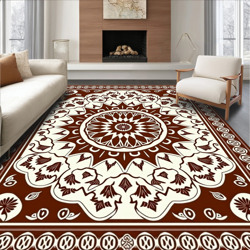 Rich Brown Floral Medallion Mandala Rug