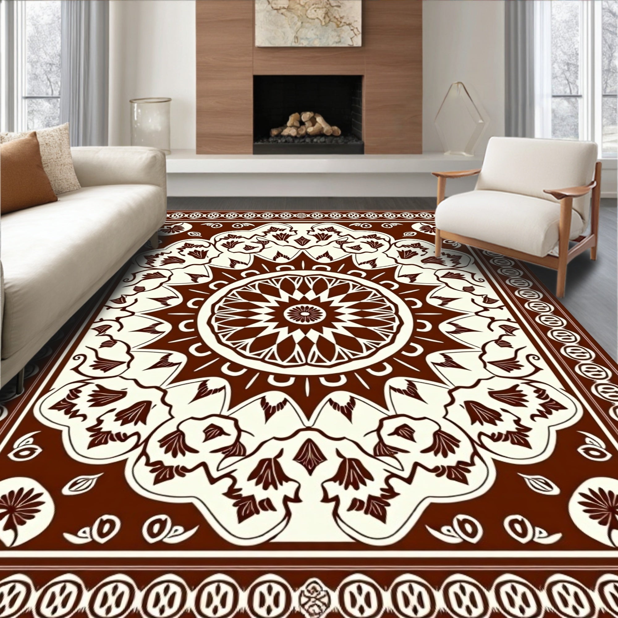 Rich Brown Floral Medallion Mandala Rug