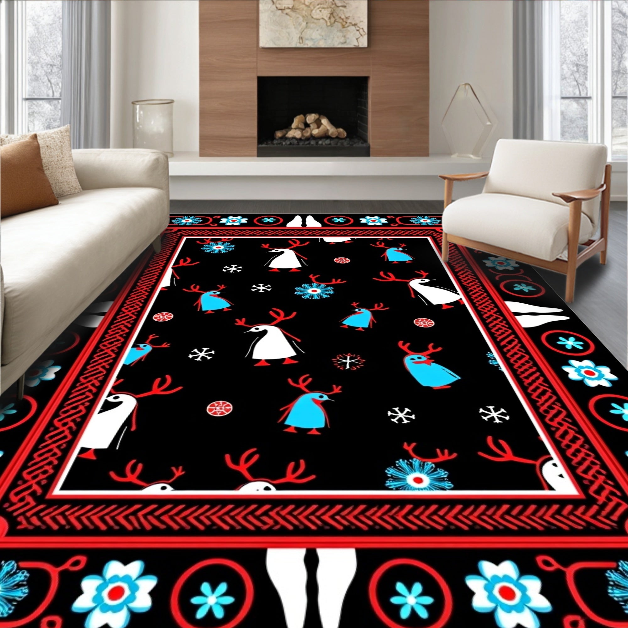 Red White Blue Reindeer Snowflakes Border Rug