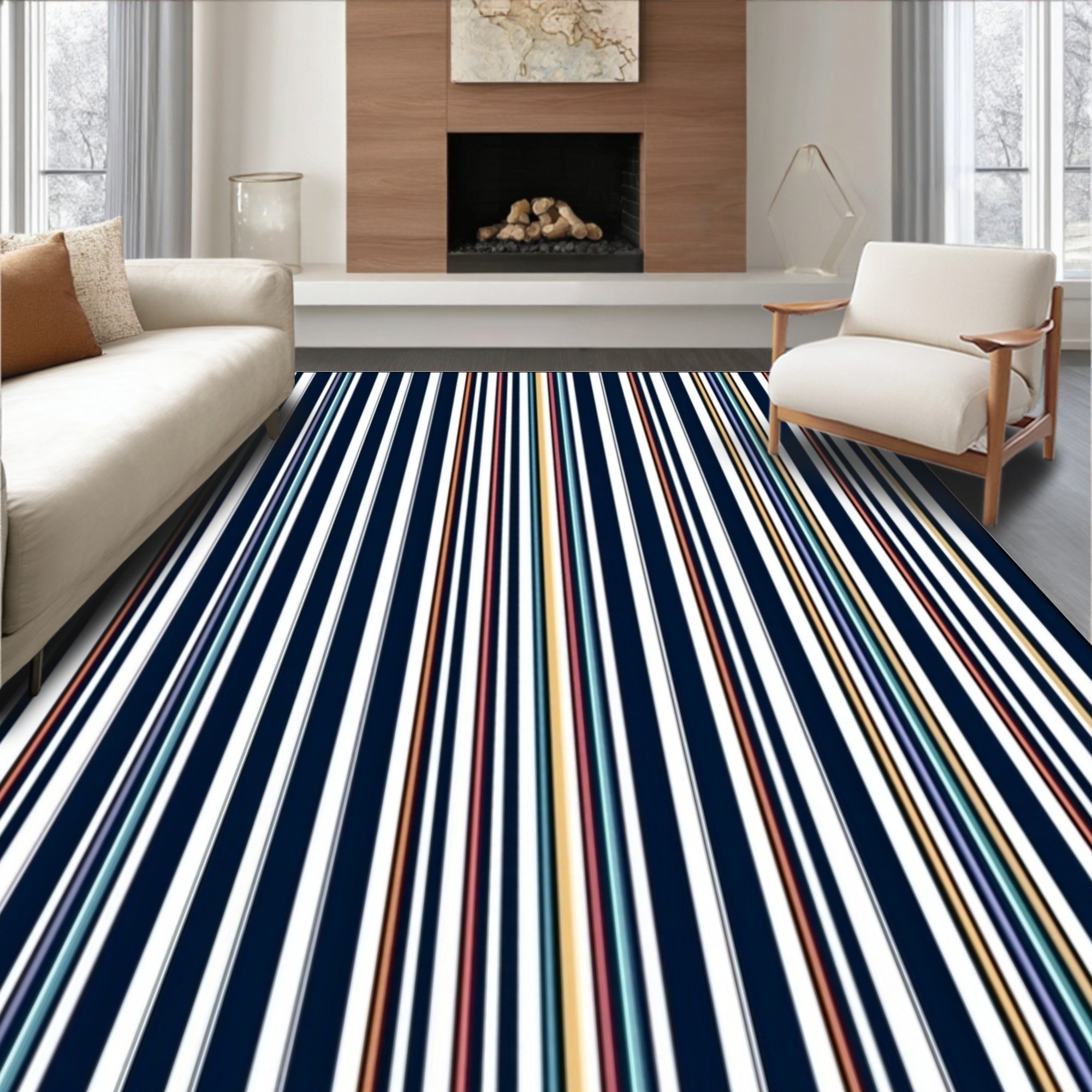 Modern Navy Blue Multicolor Striped Rug