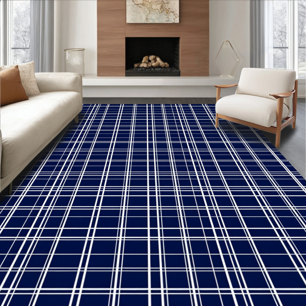Deep Blue White Plaid Lines Rug