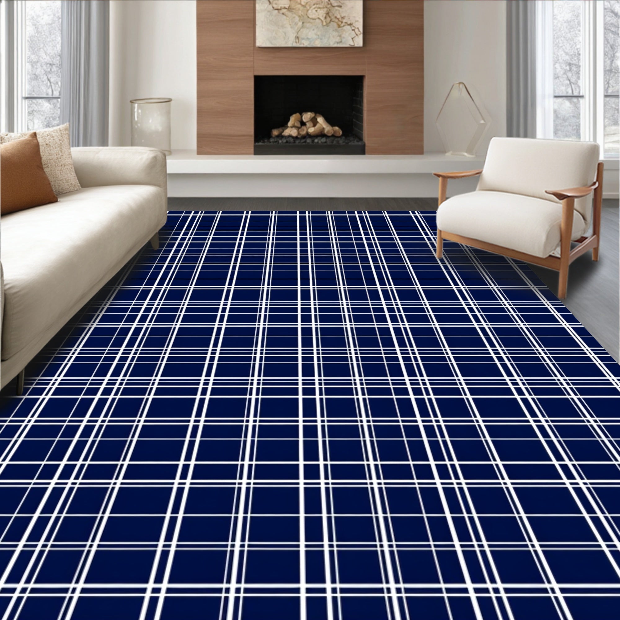 Deep Blue White Plaid Lines Rug