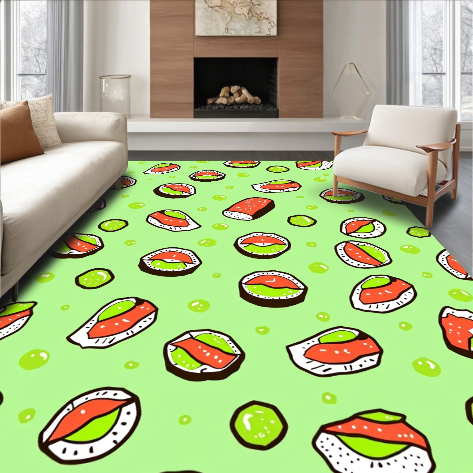 Fun Sushi Rolls Green Background Rug