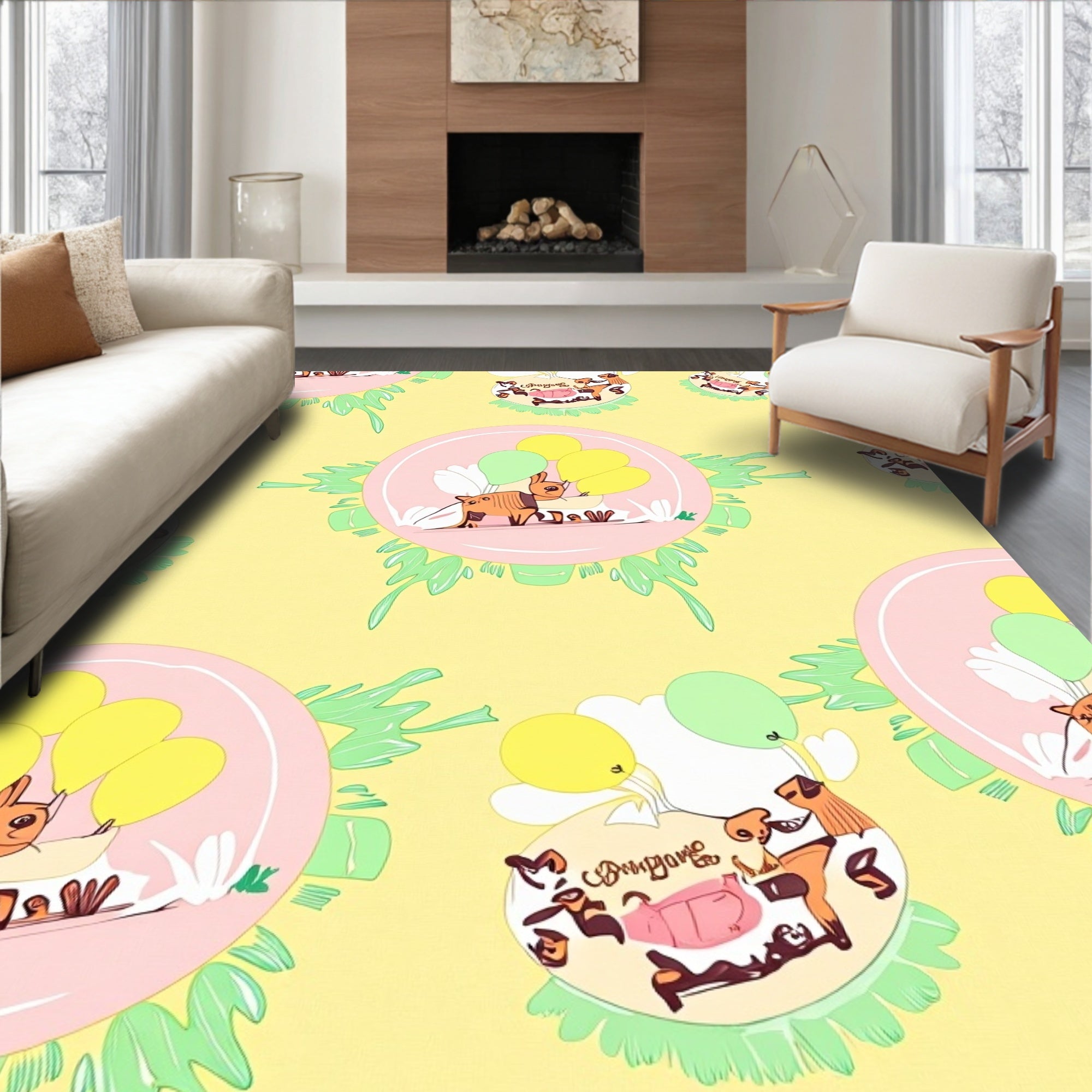 Playful Yellow Dog Balloon Celebration Rug