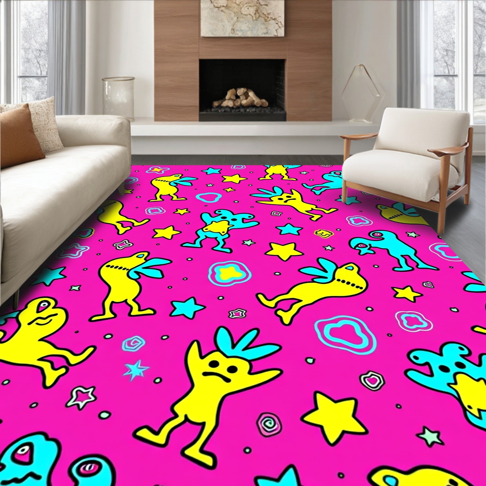 Whimsical Pink Cartoon Creature Stars Rug