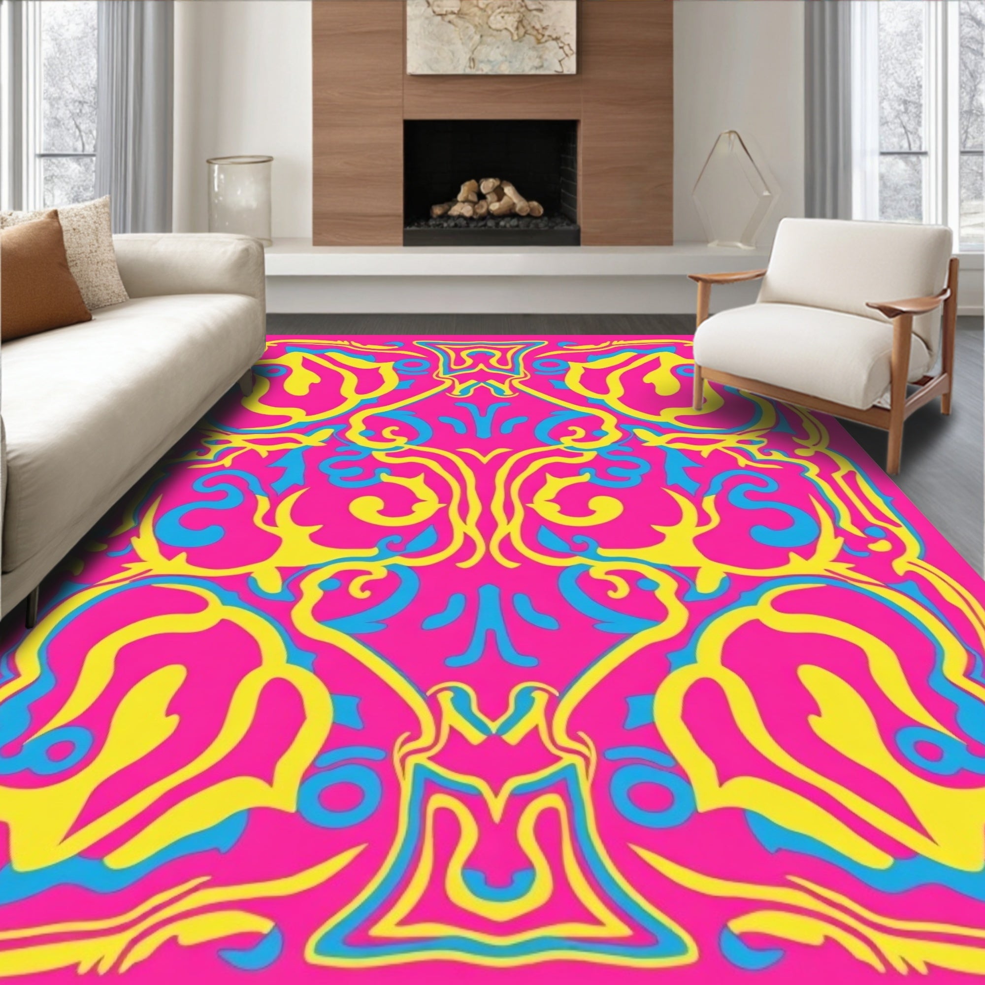 Vibrant Pink Yellow Blue Swirl Medallion Rug