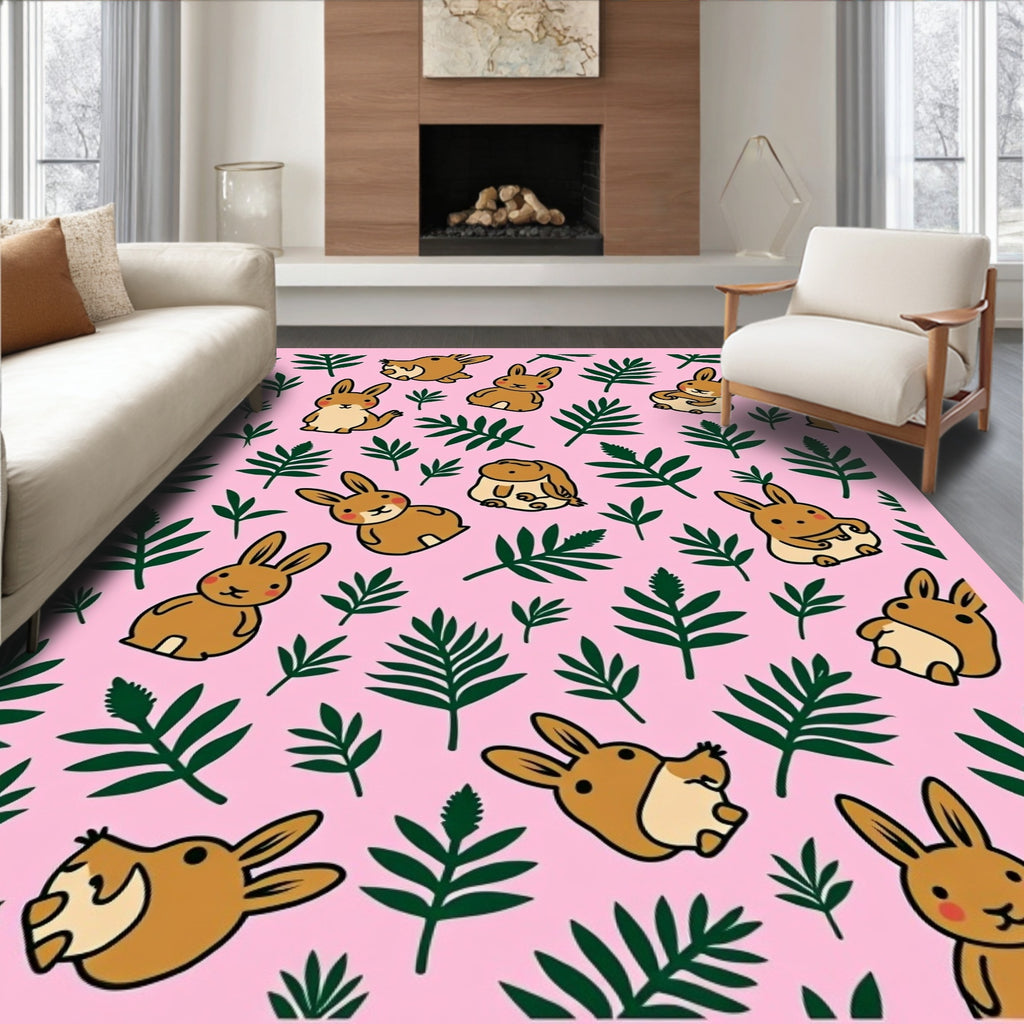Cute Brown Bunny Green Leaf Pink Rug