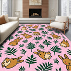 Cute Brown Bunny Green Leaf Pink Rug