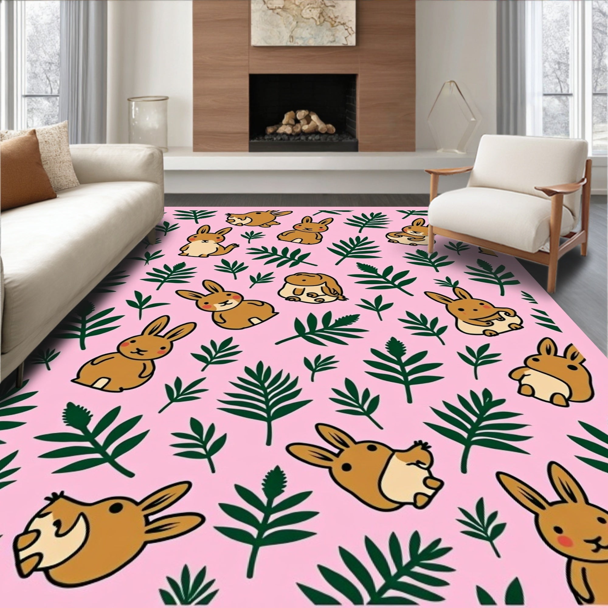 Cute Brown Bunny Green Leaf Pink Rug
