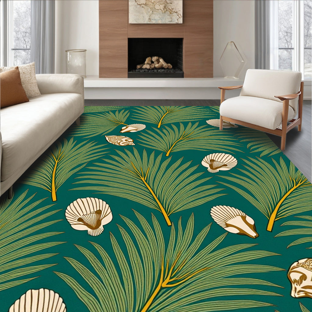 Green Palm Frond Shell Medallion Rug