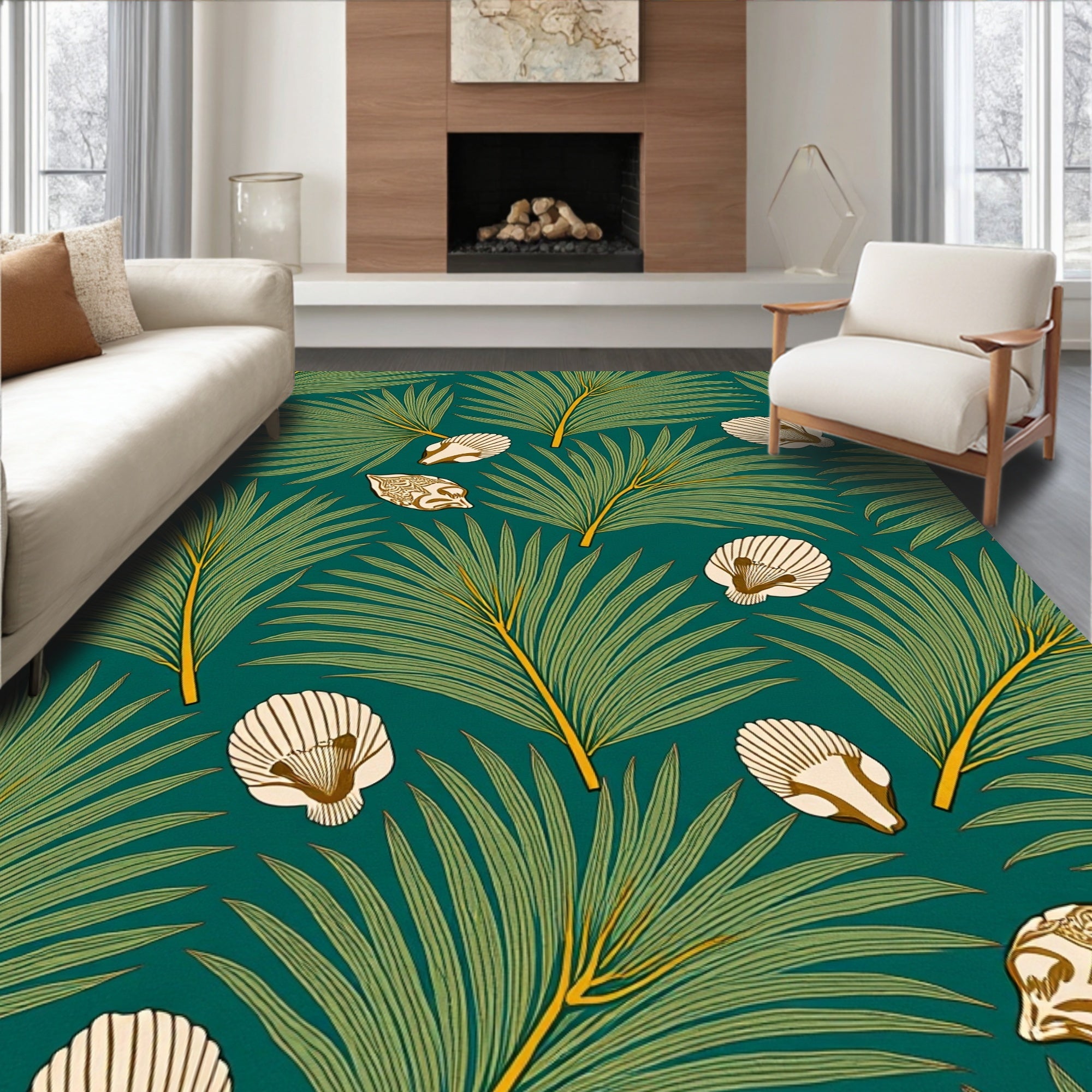 Green Palm Frond Shell Medallion Rug