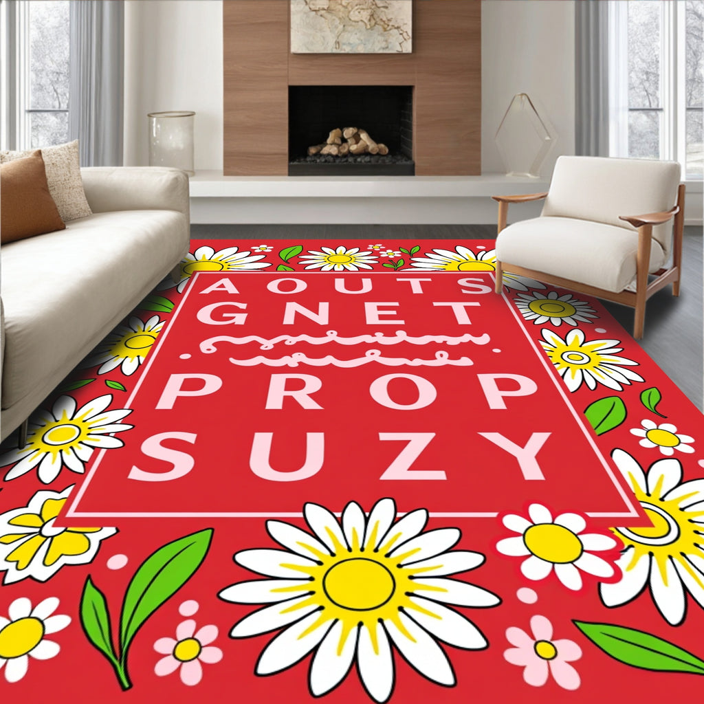Red Daisy Garden Letter Grid Rug