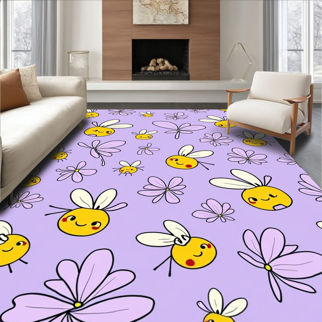 Whimsical Yellow Bee Lavender Floral Rug
