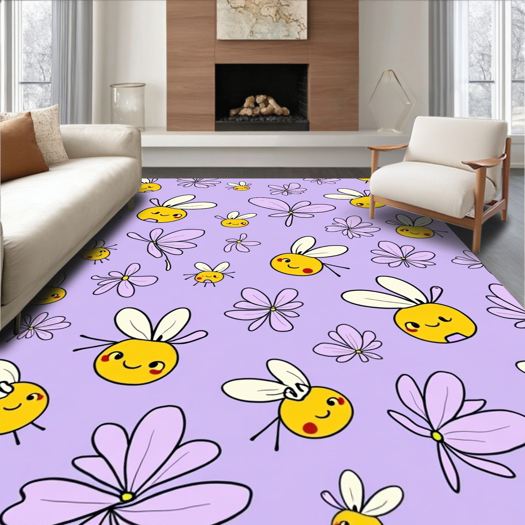 Whimsical Yellow Bee Lavender Floral Rug