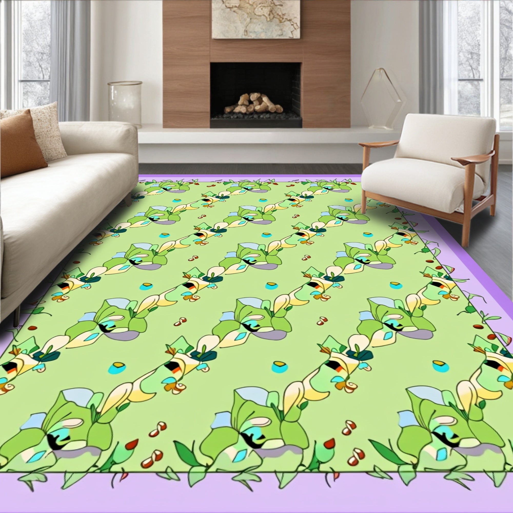 Green Iris Floral Diagonal Stripe Rug