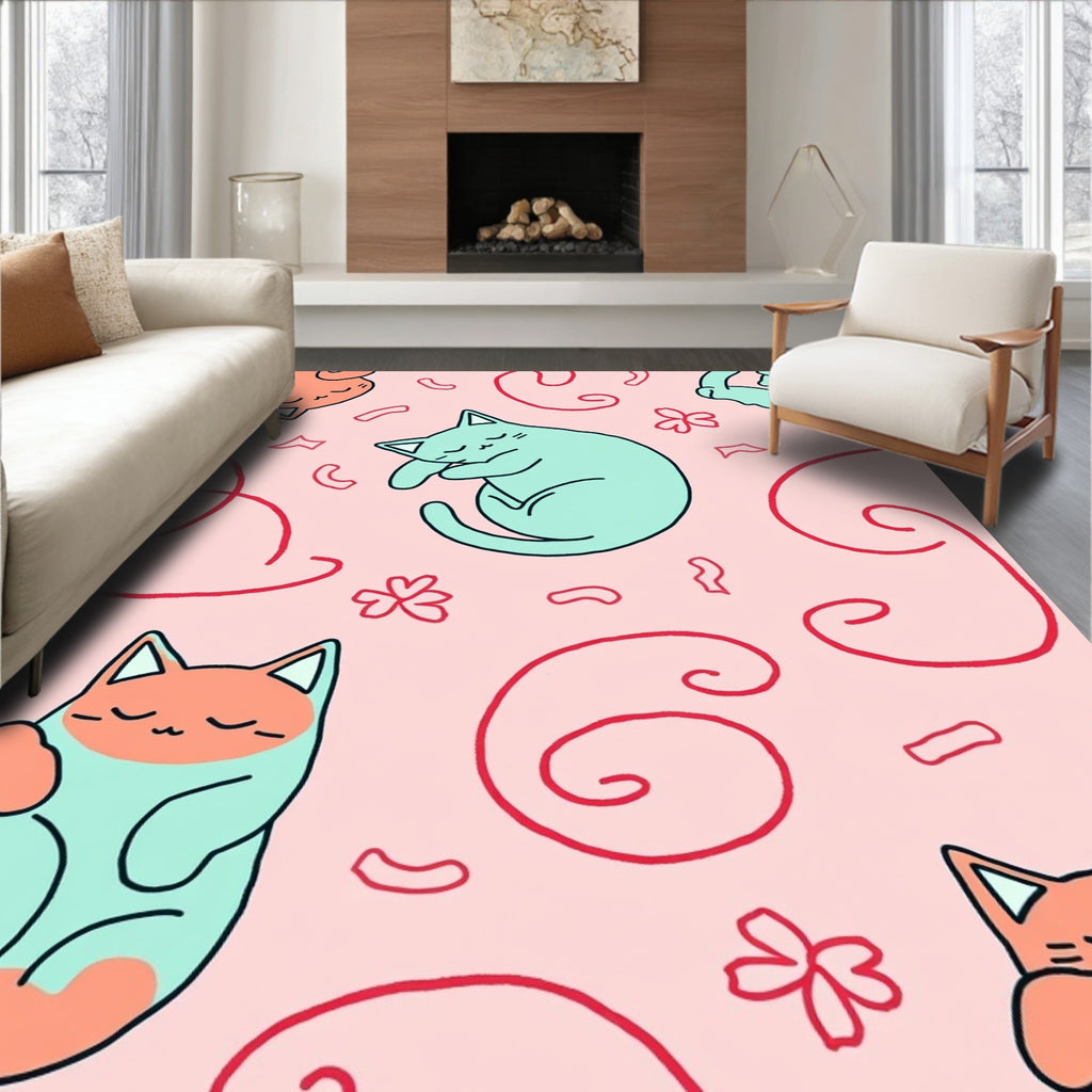 Sleeping Cats In Salmon And Teal Rug