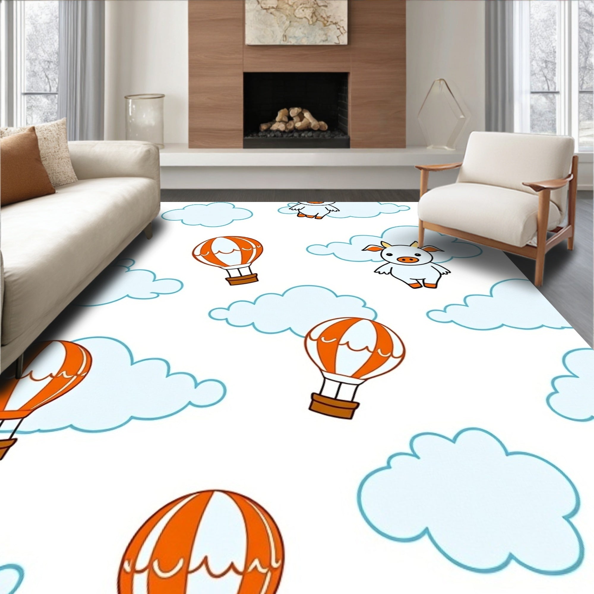 Cute Orange Hot Air Balloons Clouds Rug