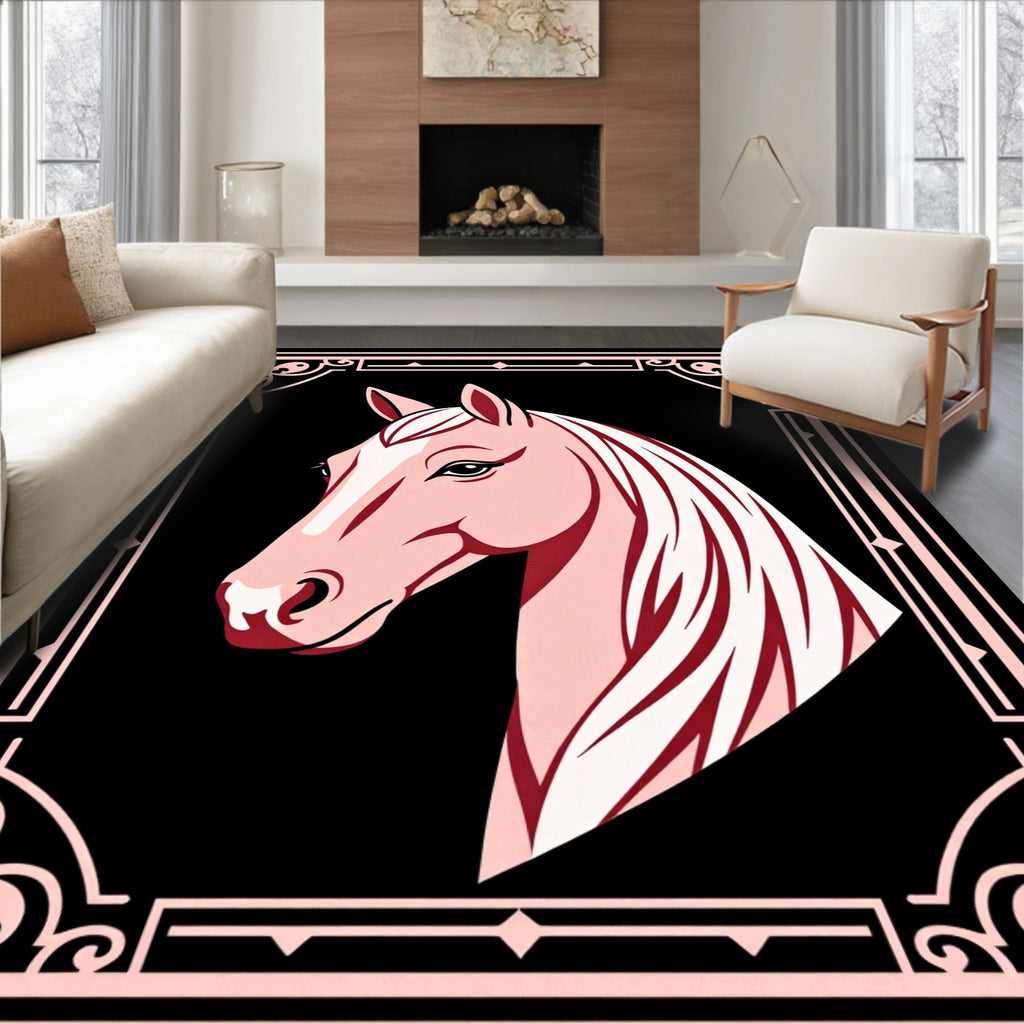 Pink Horse Portrait with Ornate Border Rug