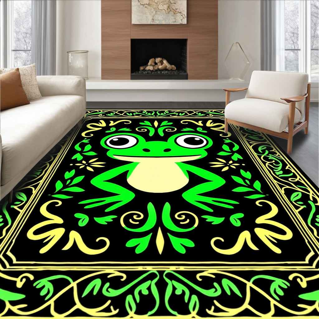 Whimsical Green Frog Floral Frame Rug