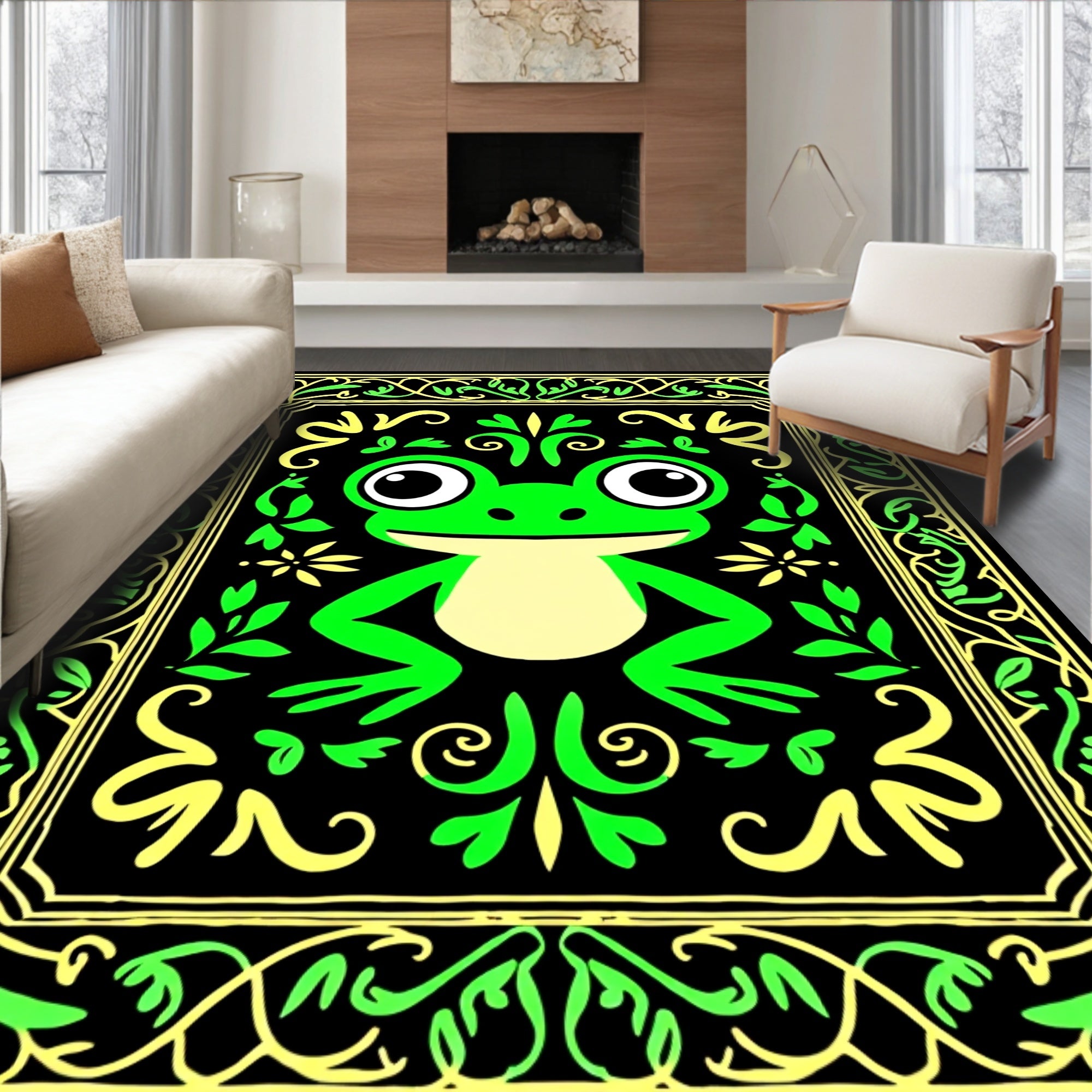 Whimsical Green Frog Floral Frame Rug