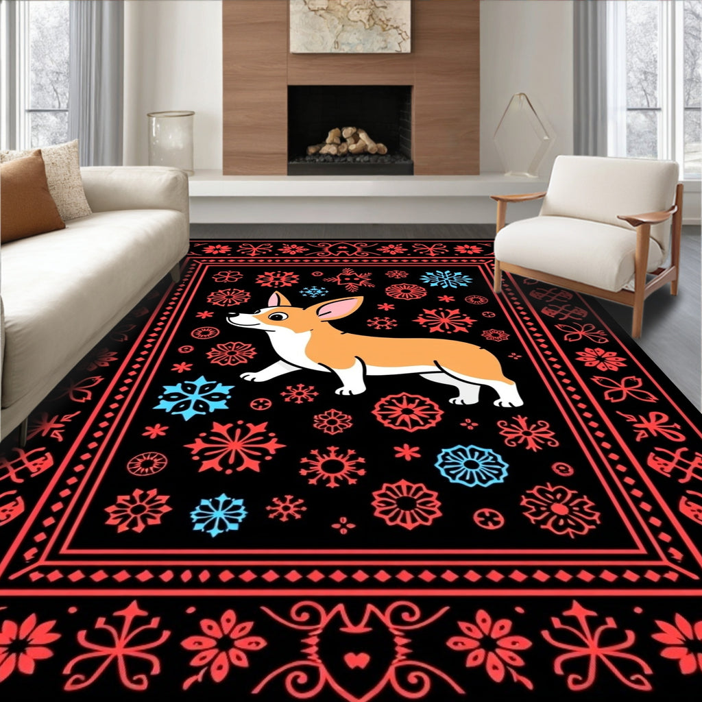 Corgi Snowflake Border Folk Art Rug