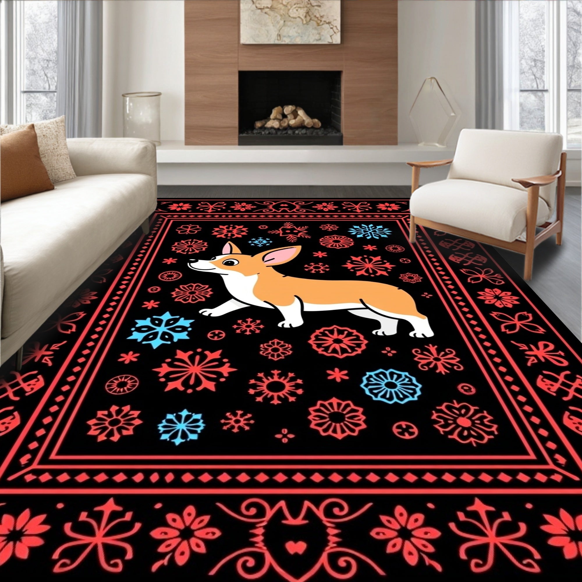 Corgi Snowflake Border Folk Art Rug