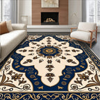 Navy Gold Symmetrical Floral Bloom Rug