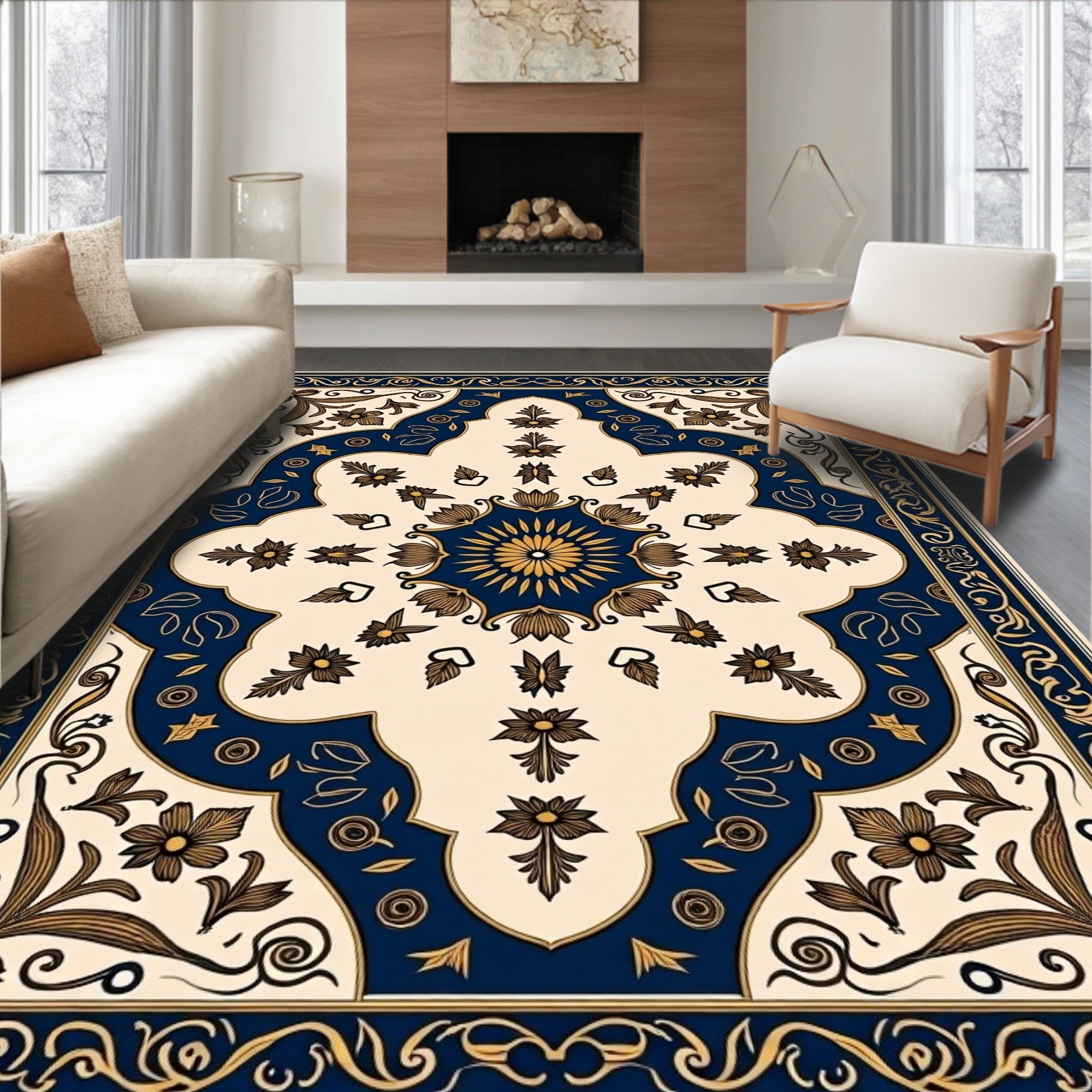 Navy Gold Symmetrical Floral Bloom Rug