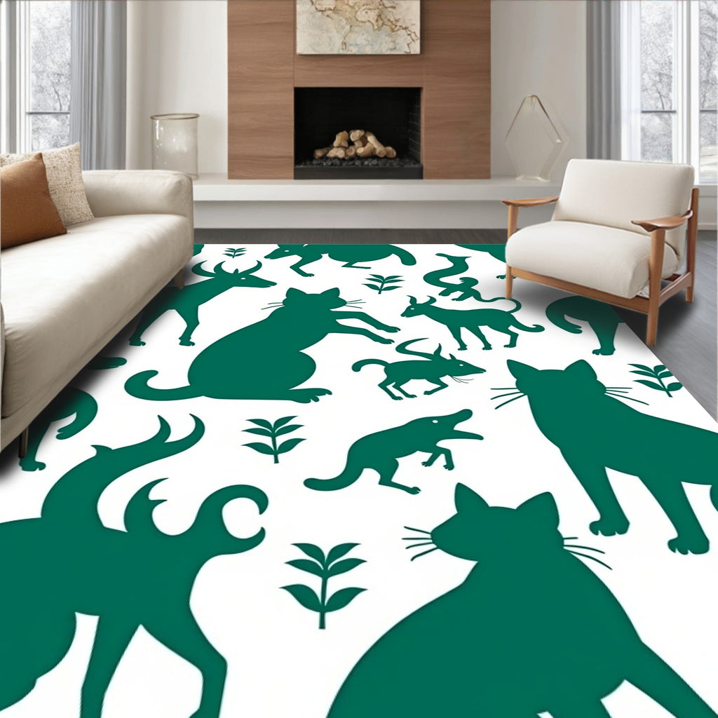 Deep Green Forest Animal Silhouettes Rug
