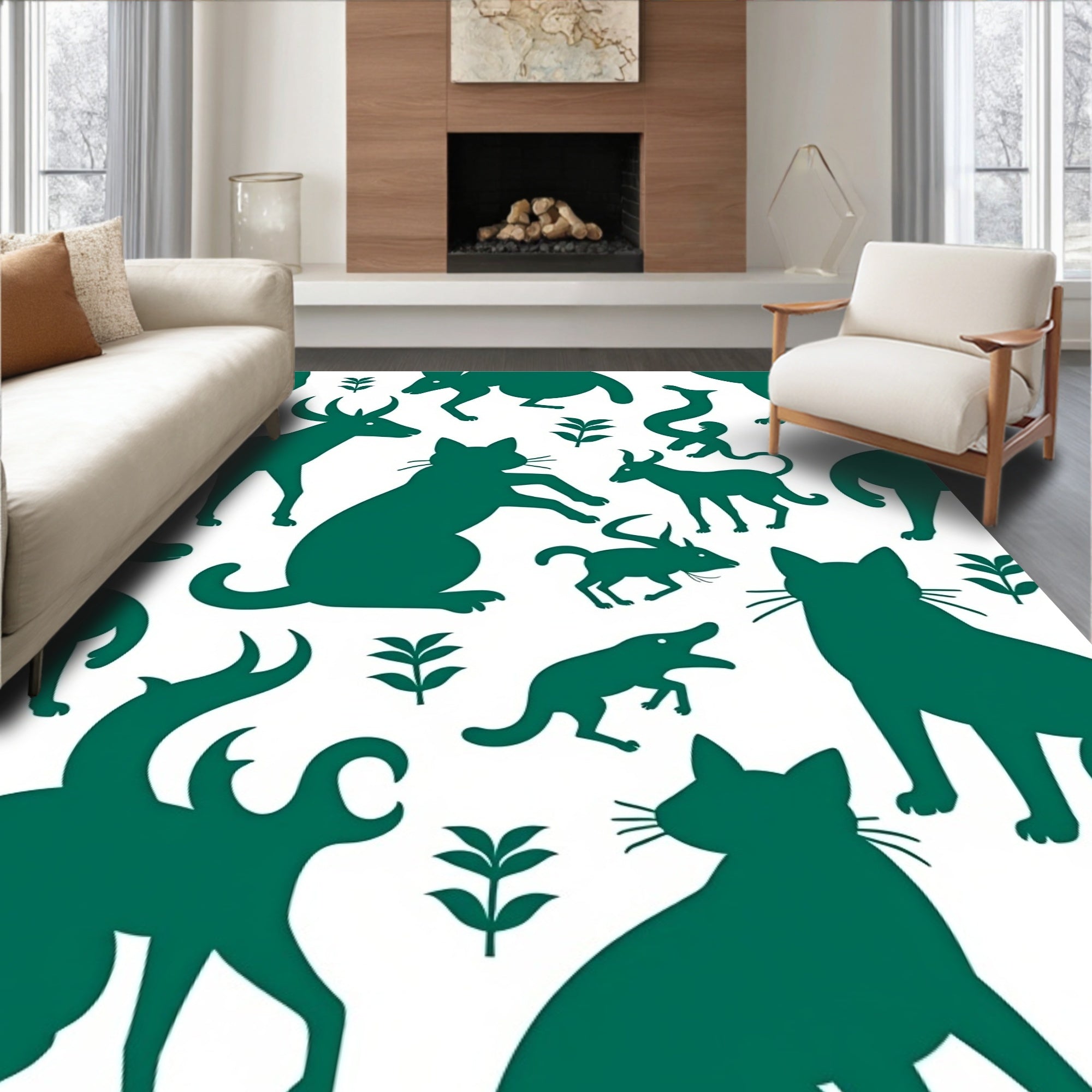 Deep Green Forest Animal Silhouettes Rug