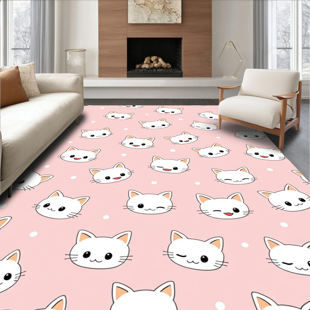 Kawaii White Cats Pink Polka Dot Background Rug