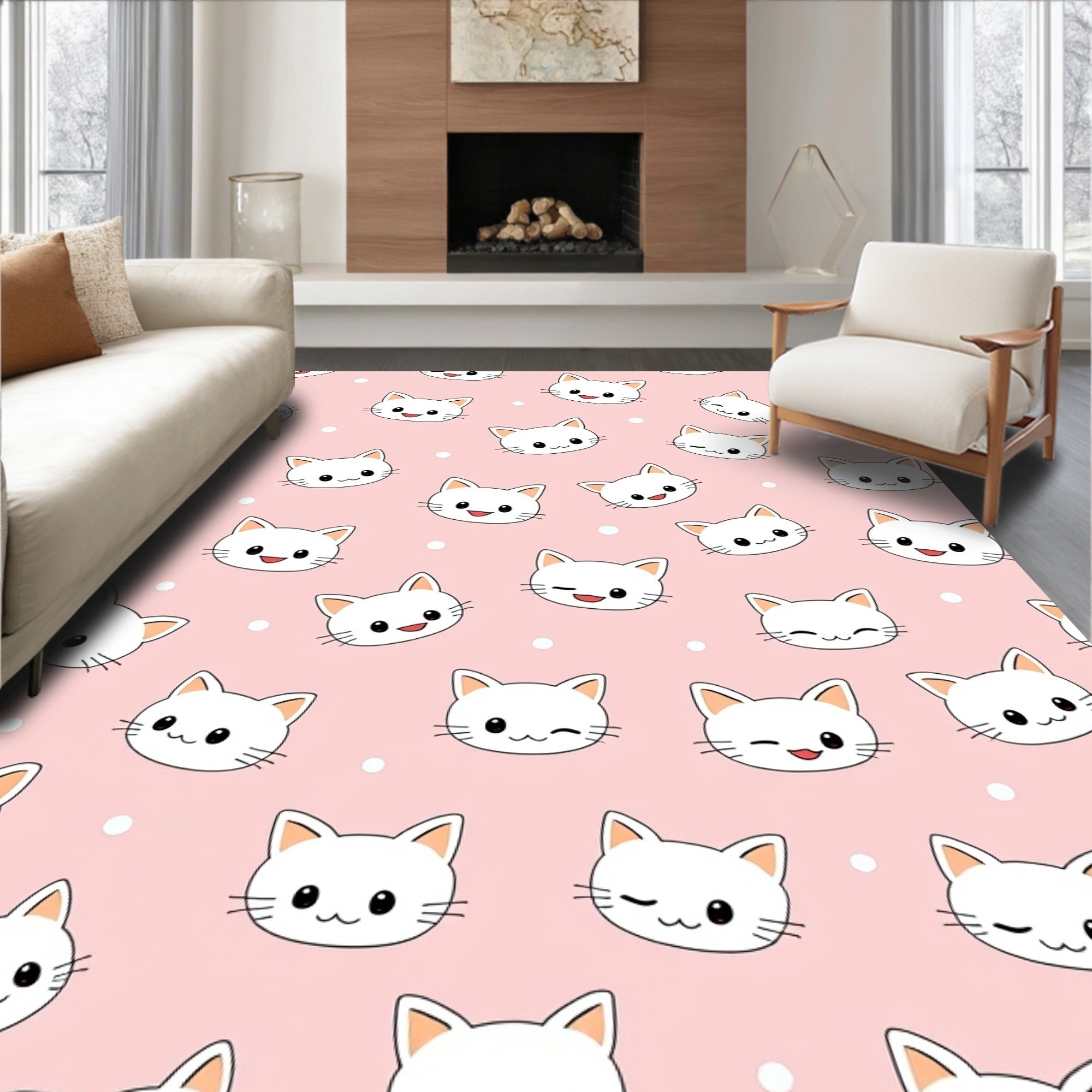 Kawaii White Cats Pink Polka Dot Background Rug